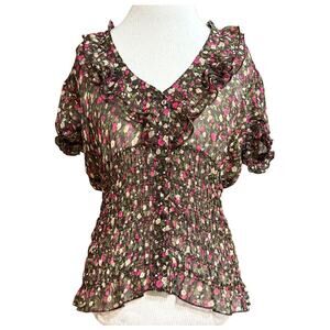 Dots XL Floral Ruffle Sheer Top Smocked Buttoned Y2K Cottage Feminine Coquette